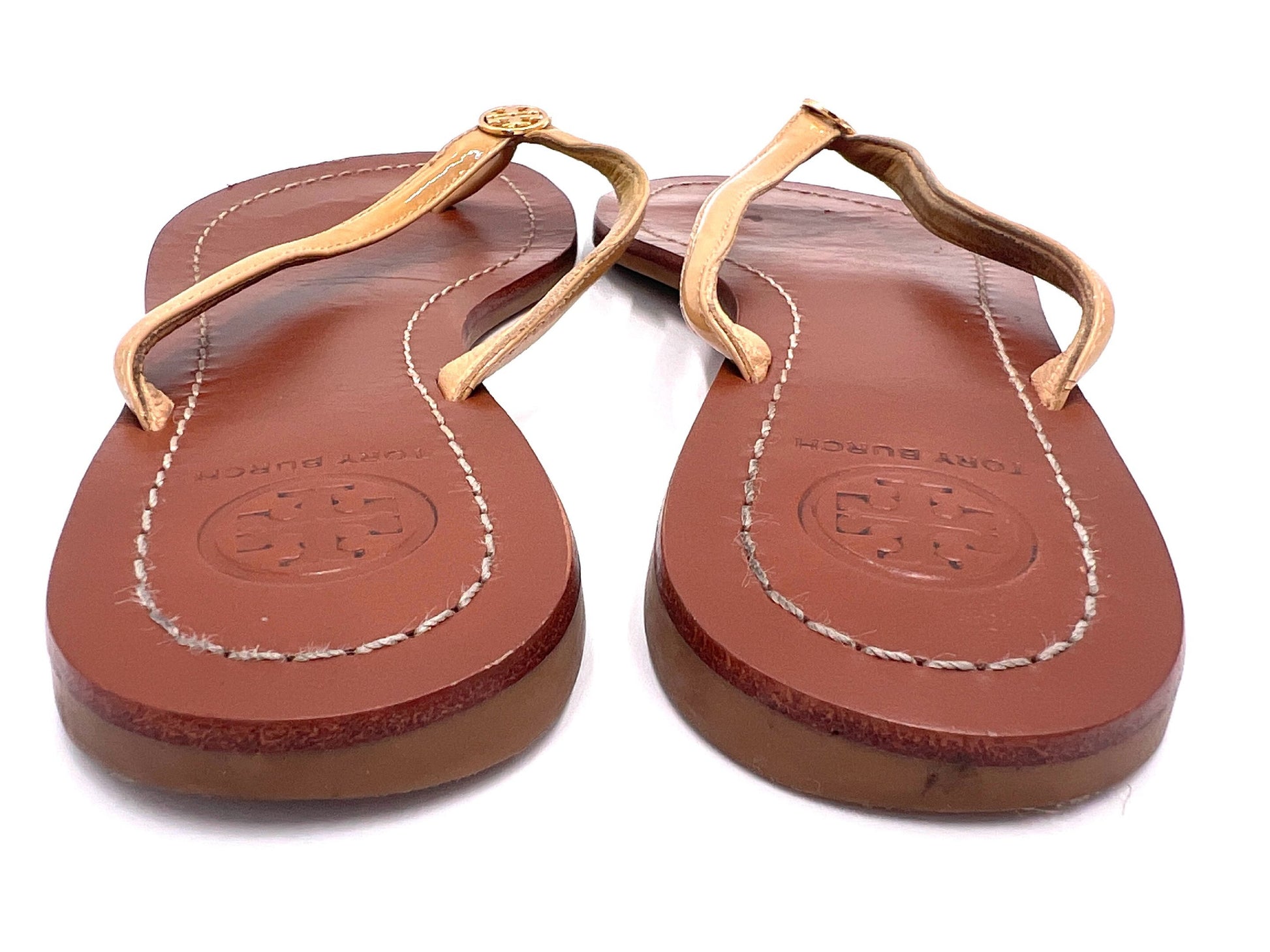 Tory Burch Gold Logo Thong Sandals, Brown, 6M
