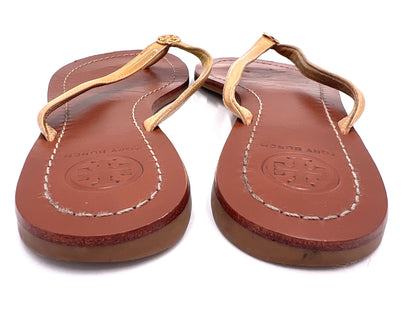 Tory Burch Gold Logo Thong Sandals, Brown, 6M