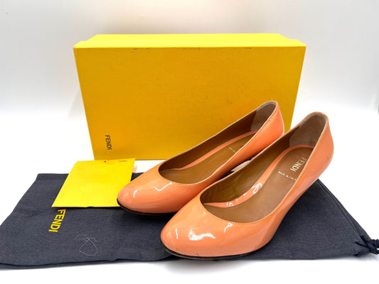 FENDI Enamel High Heel Pumps, Pink Beige, Size 35