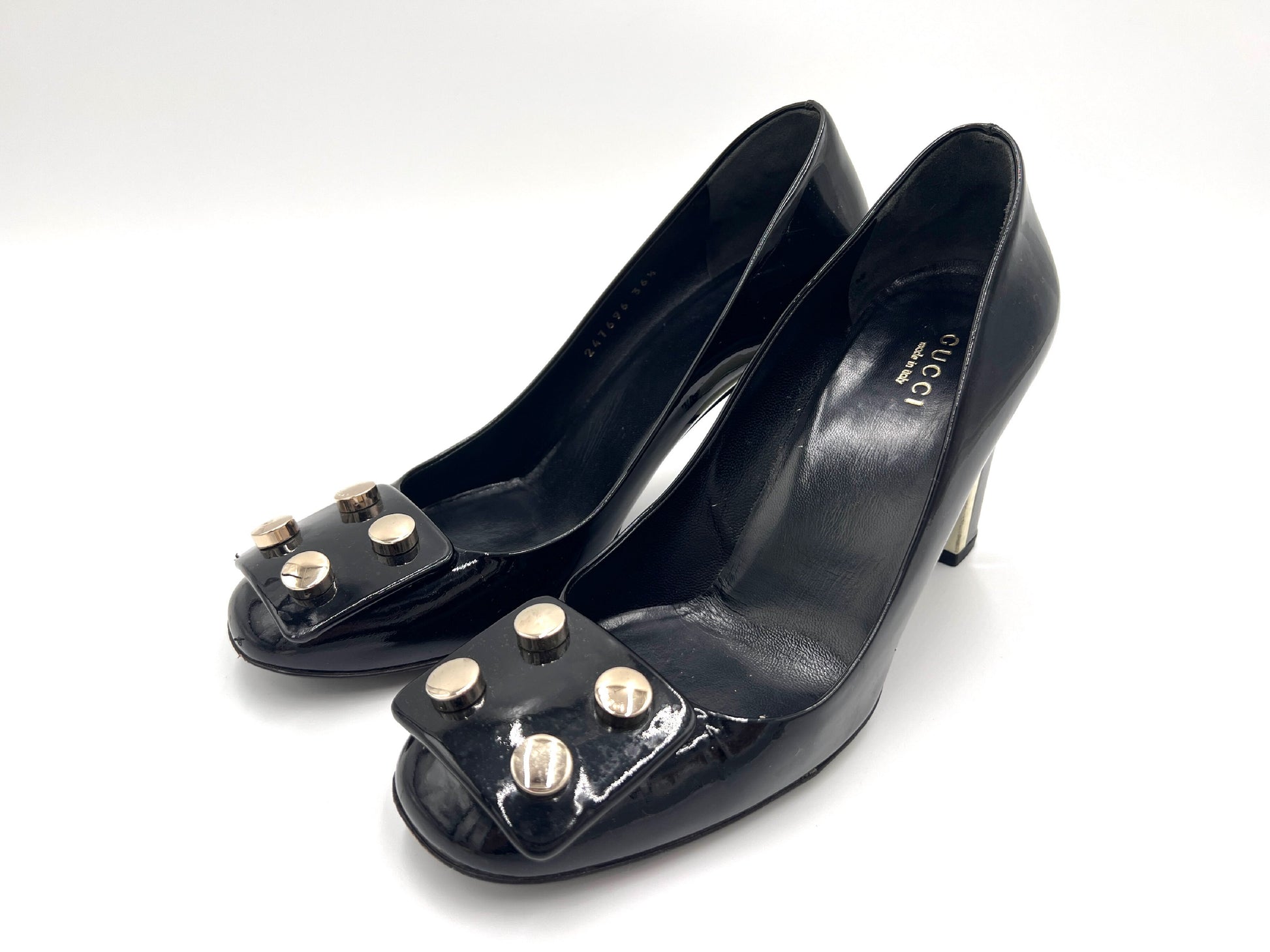 GUCCI 247696 Studded Chunky Heel Patent Leather Pumps in Black, Size 36 1/2