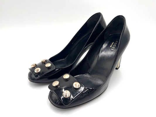 GUCCI 247696 Studded Chunky Heel Patent Leather Pumps in Black, Size 36 1/2