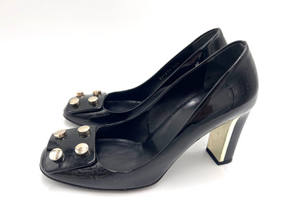 GUCCI 247696 Studded Chunky Heel Patent Leather Pumps in Black, Size 36 1/2