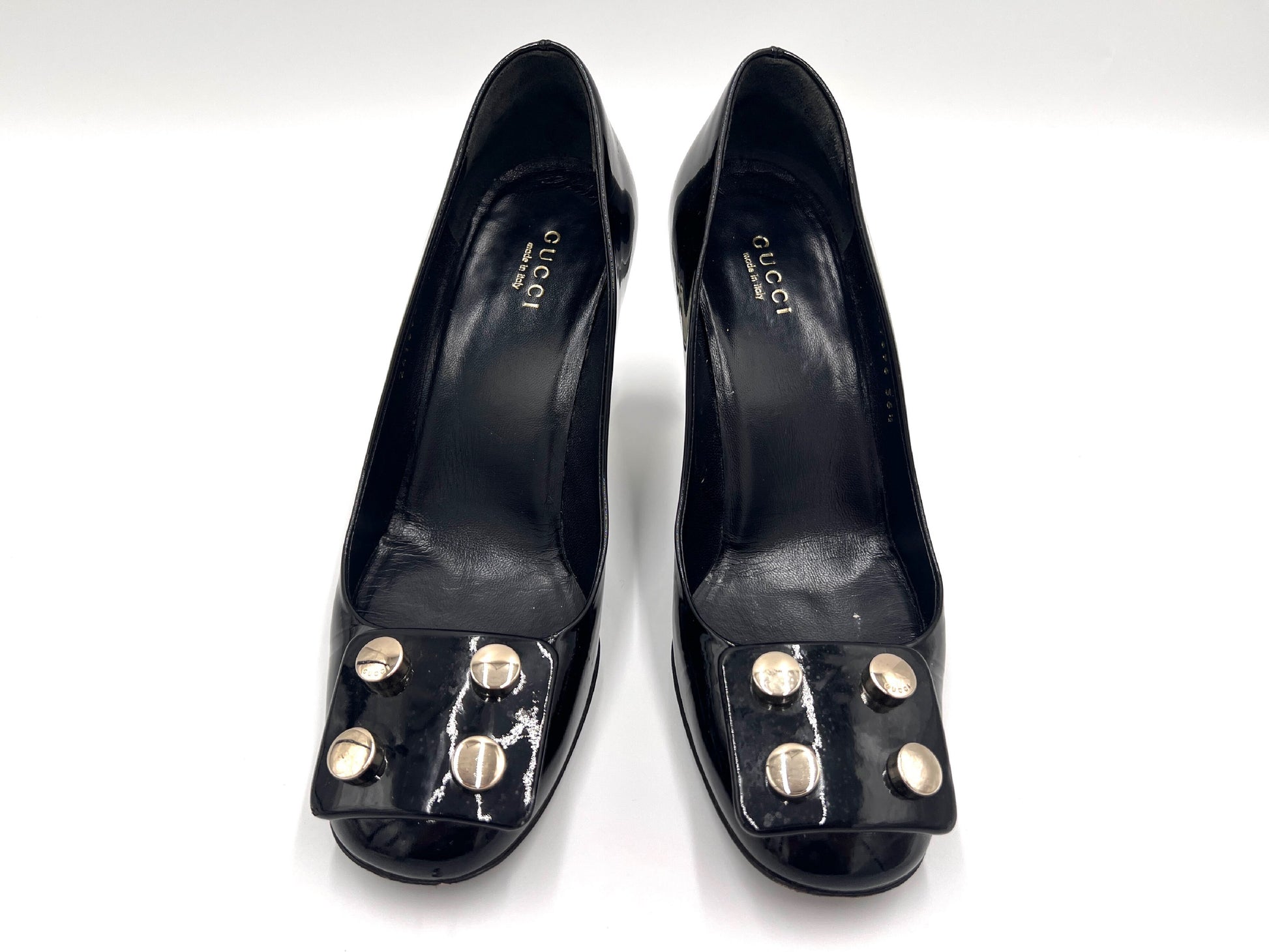 GUCCI 247696 Studded Chunky Heel Patent Leather Pumps in Black, Size 36 1/2