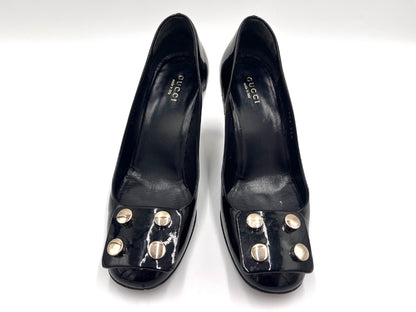 GUCCI 247696 Studded Chunky Heel Patent Leather Pumps in Black, Size 36 1/2