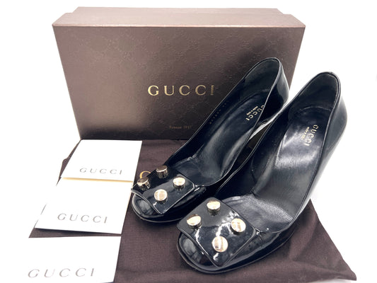 GUCCI 247696 Studded Chunky Heel Patent Leather Pumps in Black, Size 36 1/2