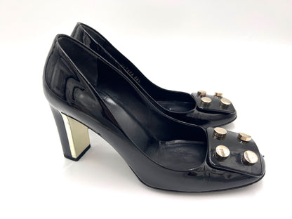 GUCCI 247696 Studded Chunky Heel Patent Leather Pumps in Black, Size 36 1/2