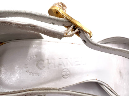  CHANEL Coco Mark Leather Wedge Sole Pumps White Size 37