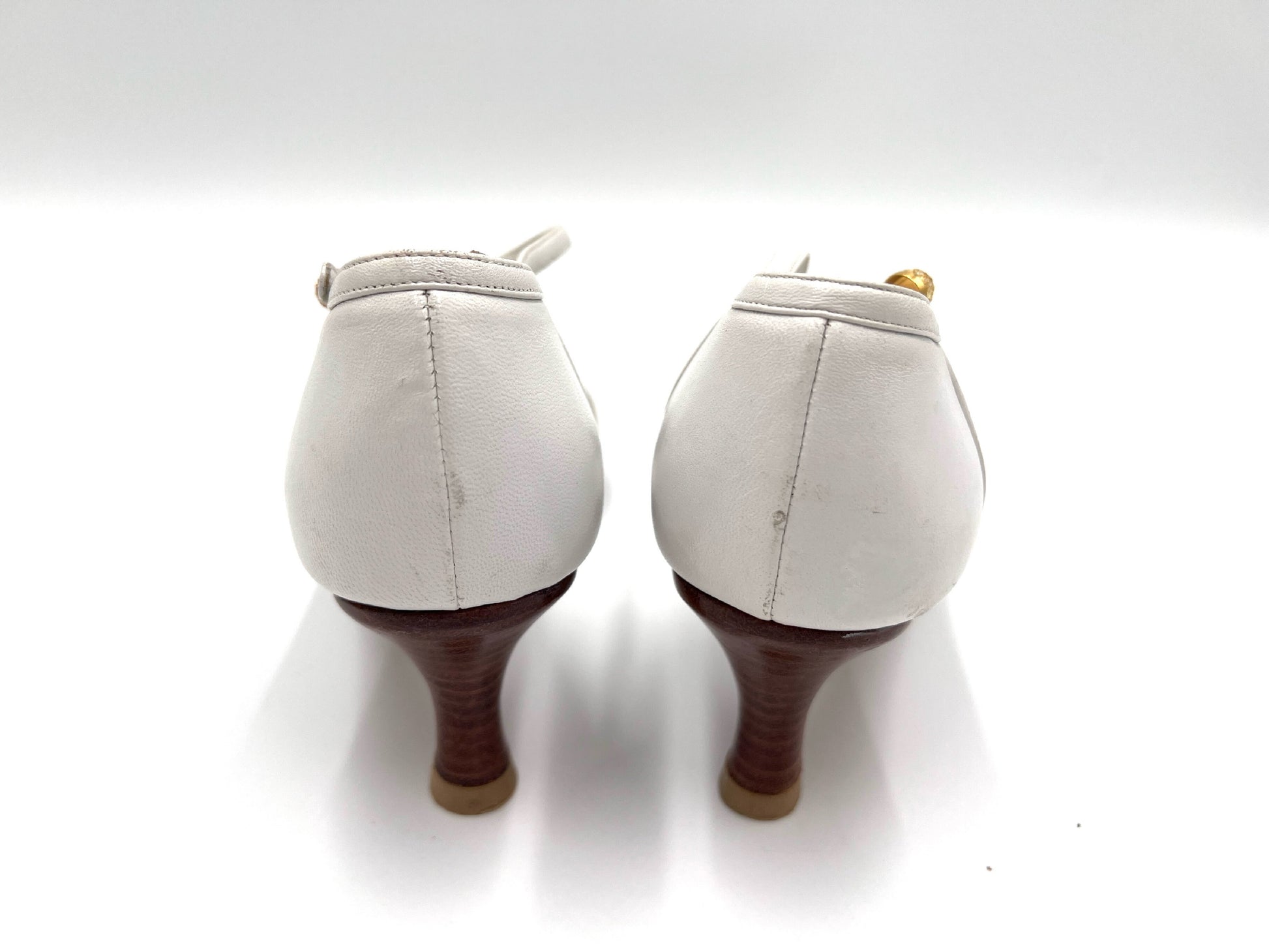  CHANEL Coco Mark Leather Wedge Sole Pumps White Size 37