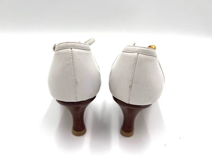 CHANEL Coco Mark Leather Wedge Sole Pumps White Size 37