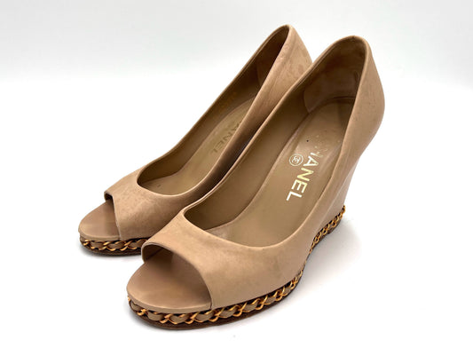 CHANEL D G27768 Wedge Sole Open Toe Beige Size 36 1/2 Sandals