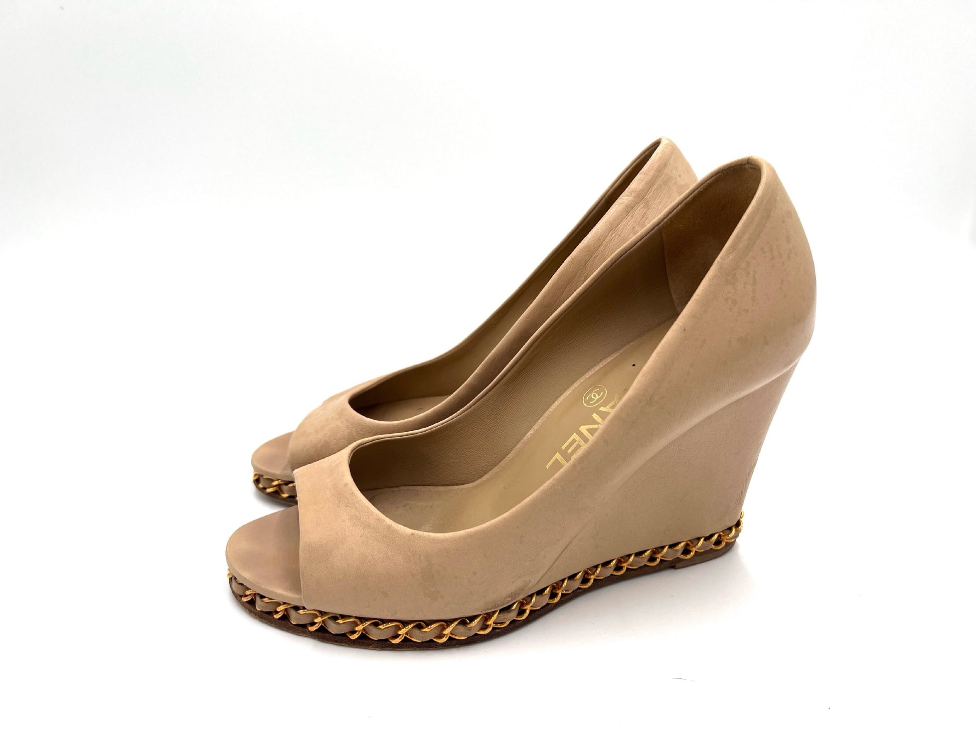  CHANEL D G27768 Wedge Sole Open Toe Beige Size 36 1/2 Sandals