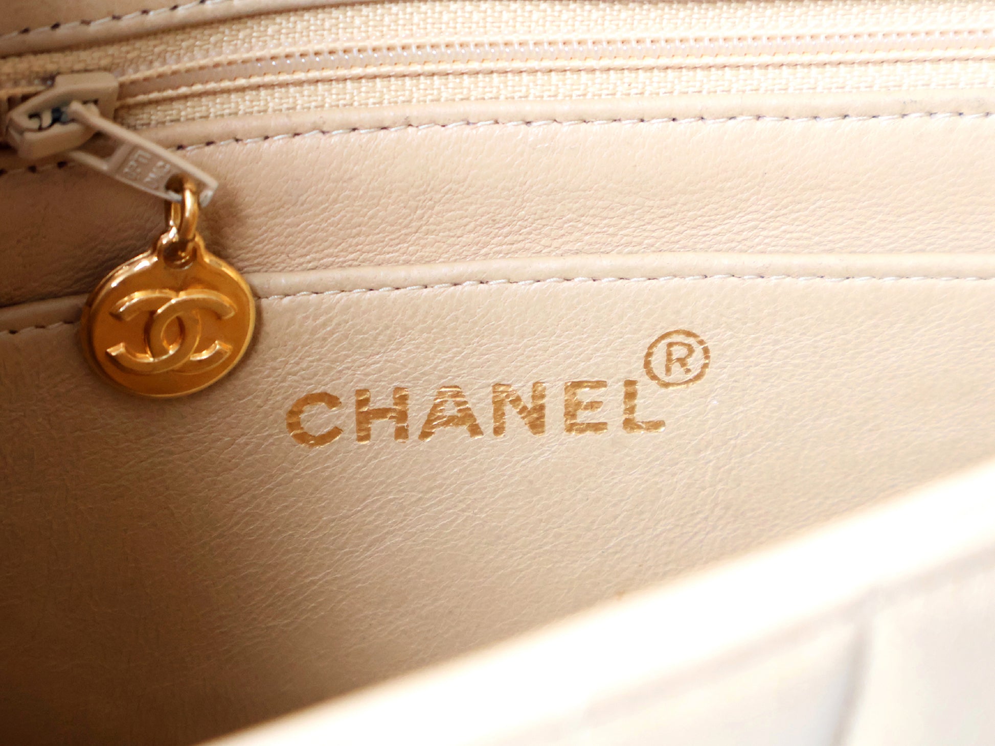 CHANEL Mademoiselle 19 Beige Lambskin Beaded Chain Shoulder Bag with Seal