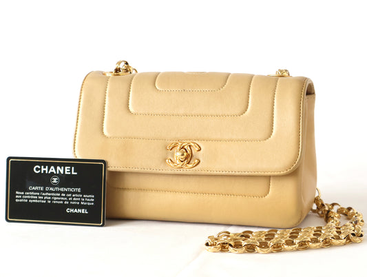 CHANEL Mademoiselle 19 Beige Lambskin Beaded Chain Shoulder Bag with Seal