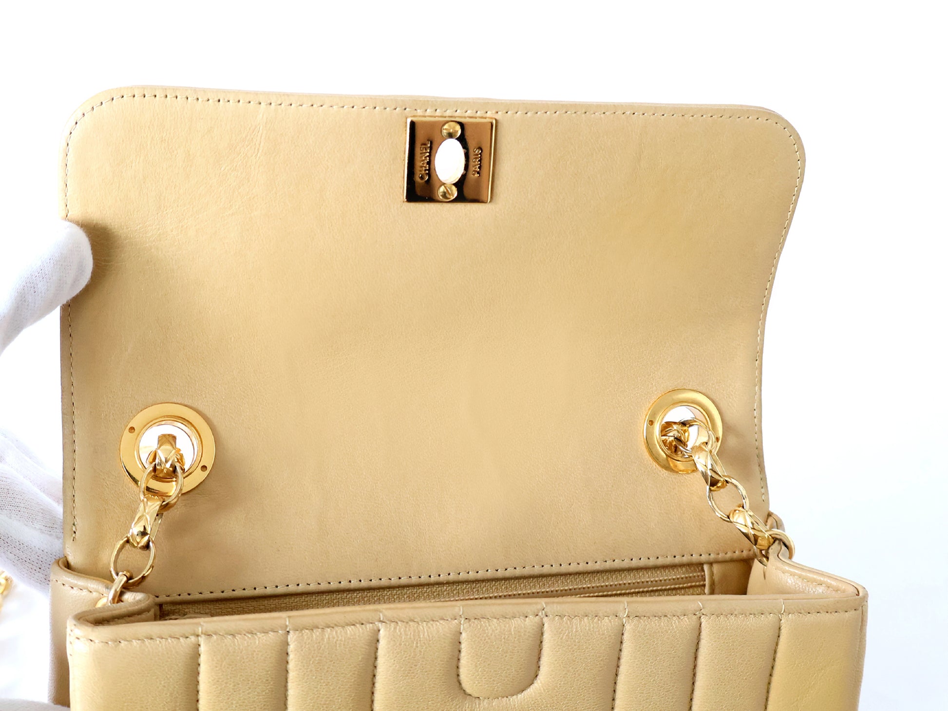 CHANEL Mademoiselle 19 Beige Lambskin Beaded Chain Shoulder Bag with Seal