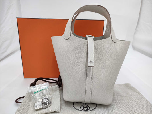 HERMES Picotin Lock PM Handbag, Crepe Ivory, White Silver Hardware, K Stamp, H056289CK10