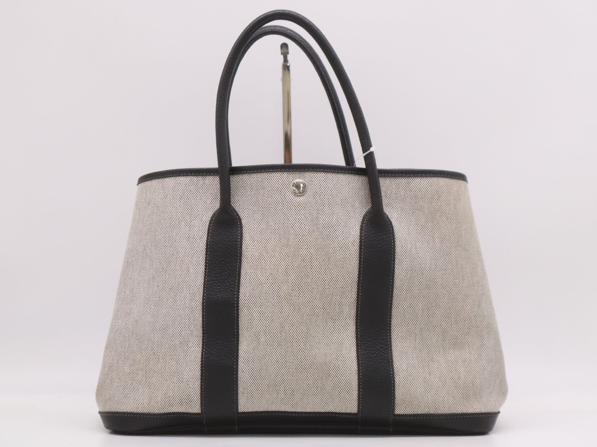 HERMES Garden Party PM Tote Bag, 2006 Limited Edition, Toile H Leather, Bordeaux Pattern, Gray Tote Bag