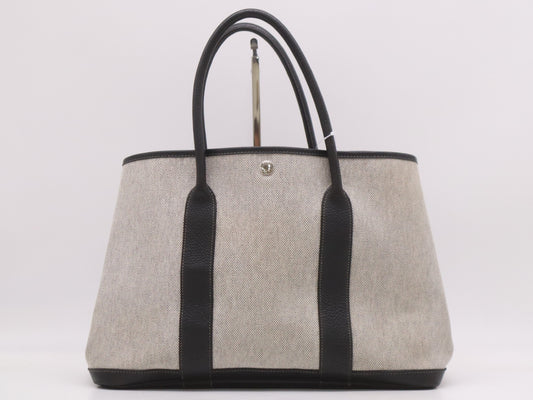 HERMES Garden Party PM Tote Bag, 2006 Limited Edition, Toile H Leather, Bordeaux Pattern, Gray Tote Bag