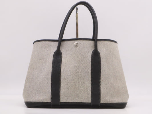 HERMES Garden Party PM Tote Bag, 2006 Limited Edition, Toile H Leather, Bordeaux Pattern, Gray Tote Bag