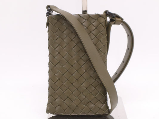 BOTTEGA VENETA Intrecciato Leather Mini Shoulder Bag Khaki Pouch