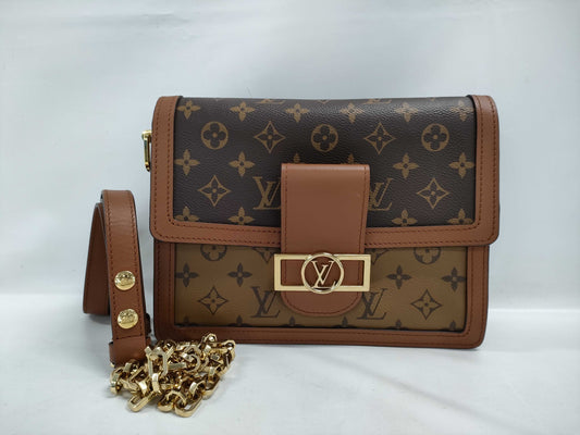 LOUIS VUITTON Dauphine MM Chain Shoulder Bag Monogram Reverse M45958 Brown Canvas with Gold Hardware FL0211 Shoulder Bag