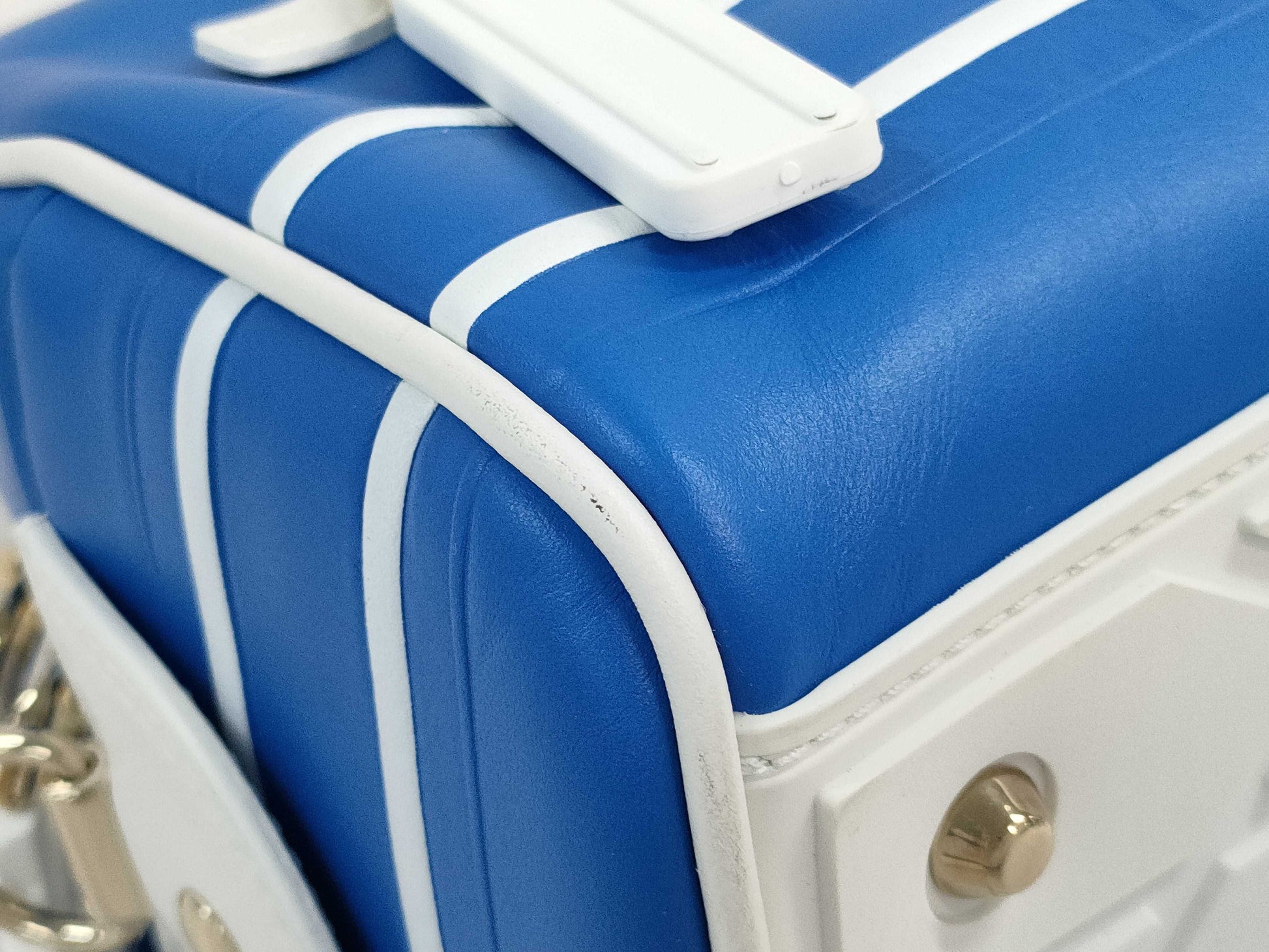 Dior VIBE Small Bowling Bag in Blue and White with Gold Hardware and Calfskin Leather.