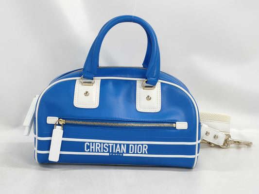 Dior VIBE Small Bowling Bag in Blue and White with Gold Hardware and Calfskin Leather.