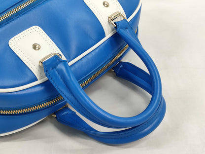 Dior VIBE Small Bowling Bag in Blue and White with Gold Hardware and Calfskin Leather.