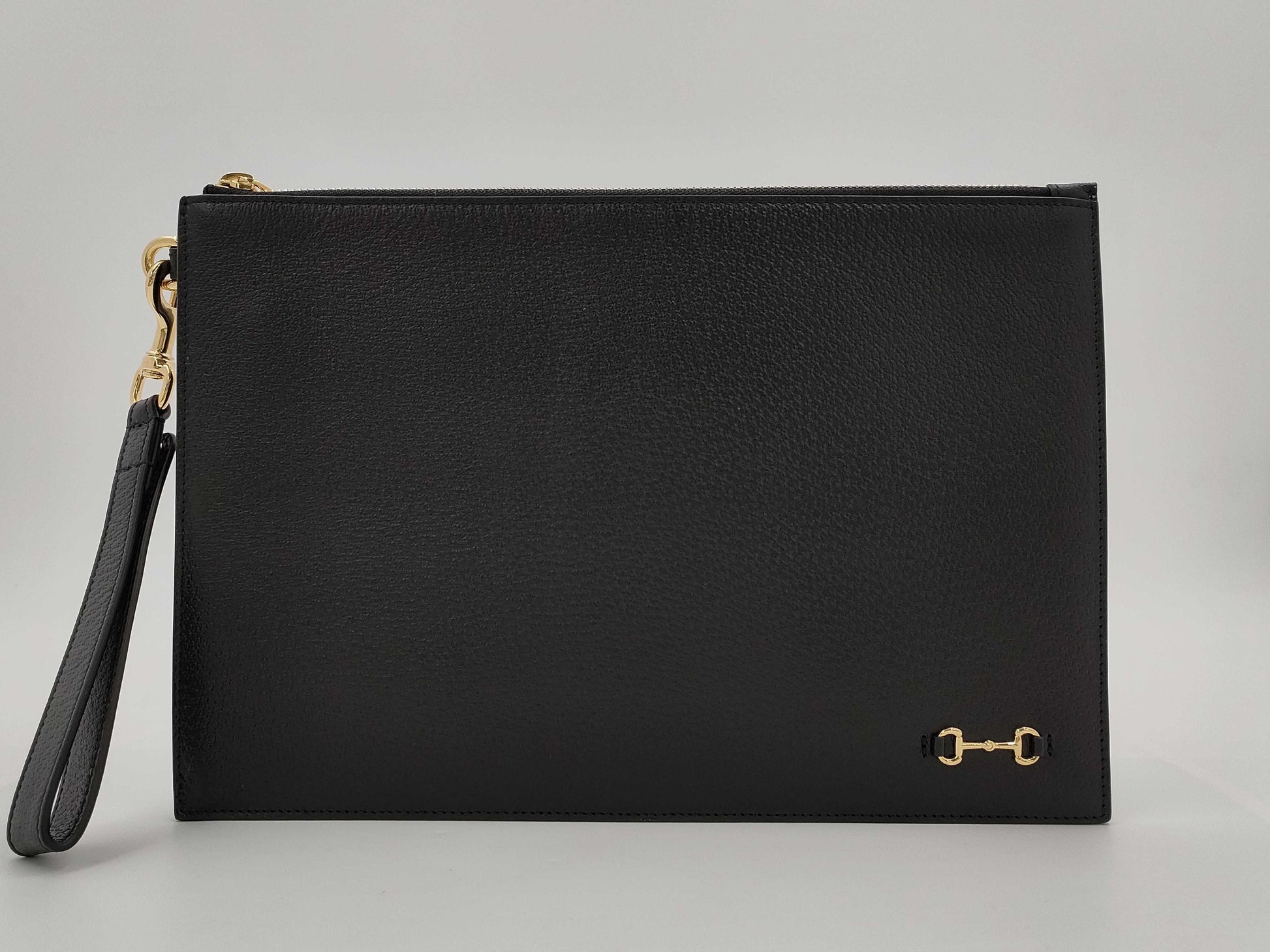 GUCCI Horsebit Clutch Bag, Black with Gold Hardware and Leather Strap, 700524 525040