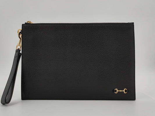 GUCCI Horsebit Clutch Bag, Black with Gold Hardware and Leather Strap, 700524 525040