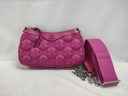 GUCCI GG Matelasse 2-way Shoulder Bag in Pink with Silver Hardware, Quilted Nylon and Leather Shoulder Strap, Dust Bag