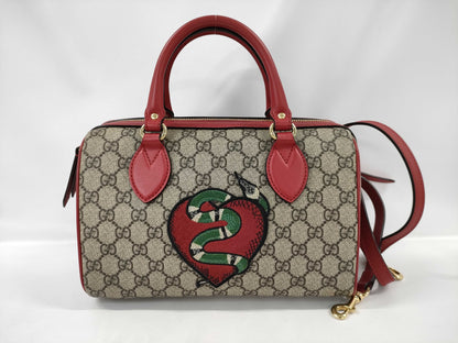 GUCCI GG Supreme PVC x Leather 2-Way Handbag, Beige x Red, 409529, Shoulder Strap, Shoulder Bag