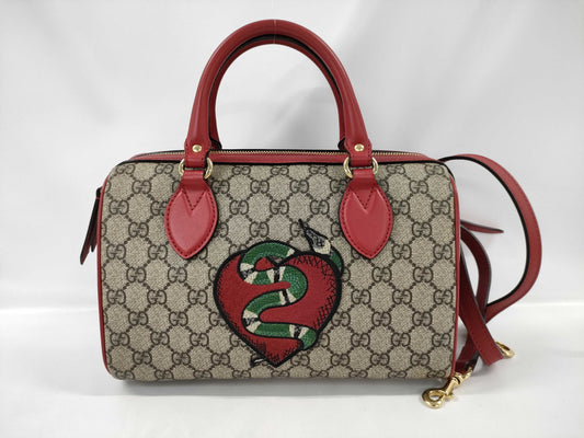 GUCCI GG Supreme PVC x Leather 2-Way Handbag, Beige x Red, 409529, Shoulder Strap, Shoulder Bag
