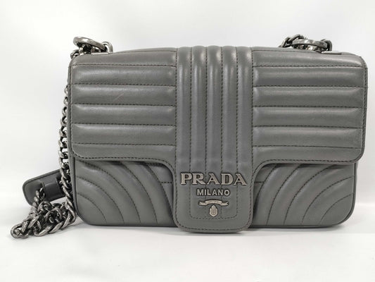 PRADA Diagram Shoulder Bag in Grey Quilted Leather with Silver Hardware