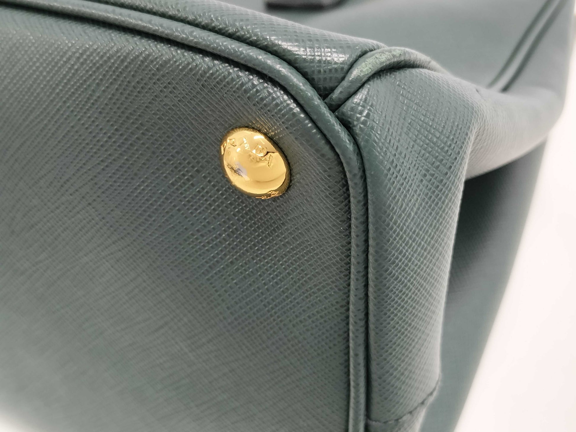 PRADA Saffiano Medium 2-Way Shoulder Tote Bag in Green with Gold Hardware and Crocheted Shoulder Strap