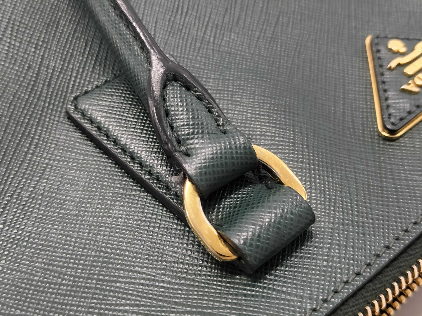 PRADA Saffiano Medium 2-Way Shoulder Tote Bag in Green with Gold Hardware and Crocheted Shoulder Strap