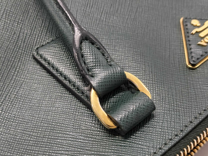 PRADA Saffiano Medium 2-Way Shoulder Tote Bag in Green with Gold Hardware and Crocheted Shoulder Strap