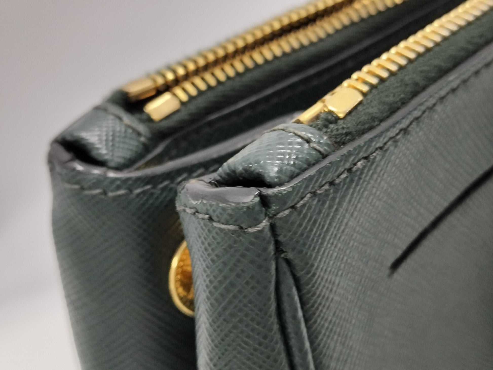 PRADA Saffiano Medium 2-Way Shoulder Tote Bag in Green with Gold Hardware and Crocheted Shoulder Strap