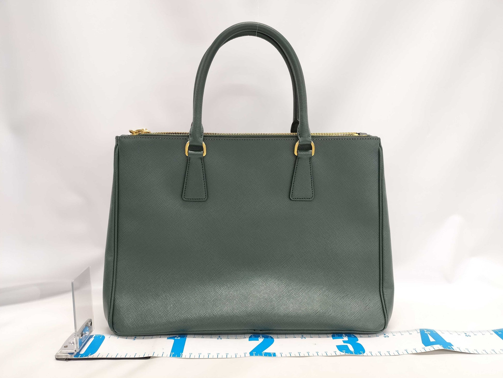 PRADA Saffiano Medium 2-Way Shoulder Tote Bag in Green with Gold Hardware and Crocheted Shoulder Strap