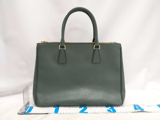PRADA Saffiano Medium 2-Way Shoulder Tote Bag in Green with Gold Hardware and Crocheted Shoulder Strap