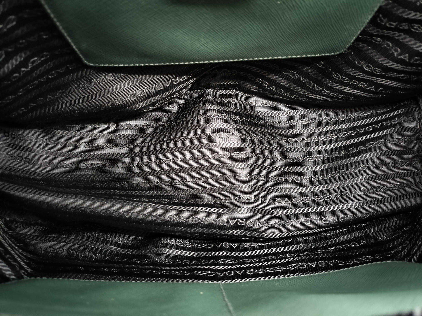 PRADA Saffiano Medium 2-Way Shoulder Tote Bag in Green with Gold Hardware and Crocheted Shoulder Strap