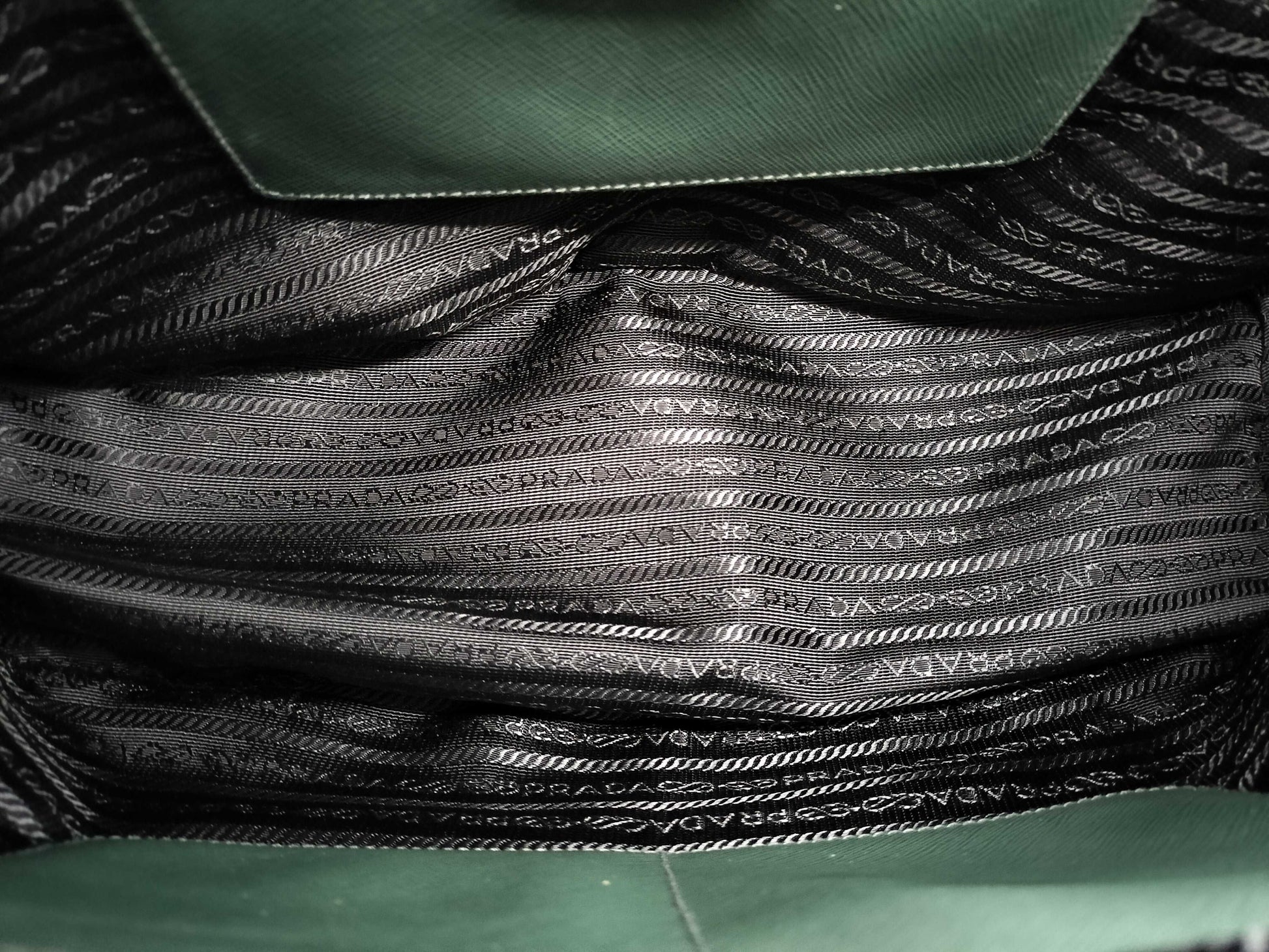 PRADA Saffiano Medium 2-Way Shoulder Tote Bag in Green with Gold Hardware and Crocheted Shoulder Strap