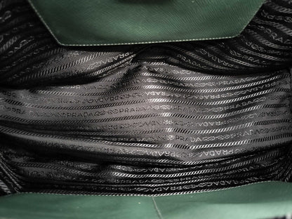 PRADA Saffiano Medium 2-Way Shoulder Tote Bag in Green with Gold Hardware and Crocheted Shoulder Strap
