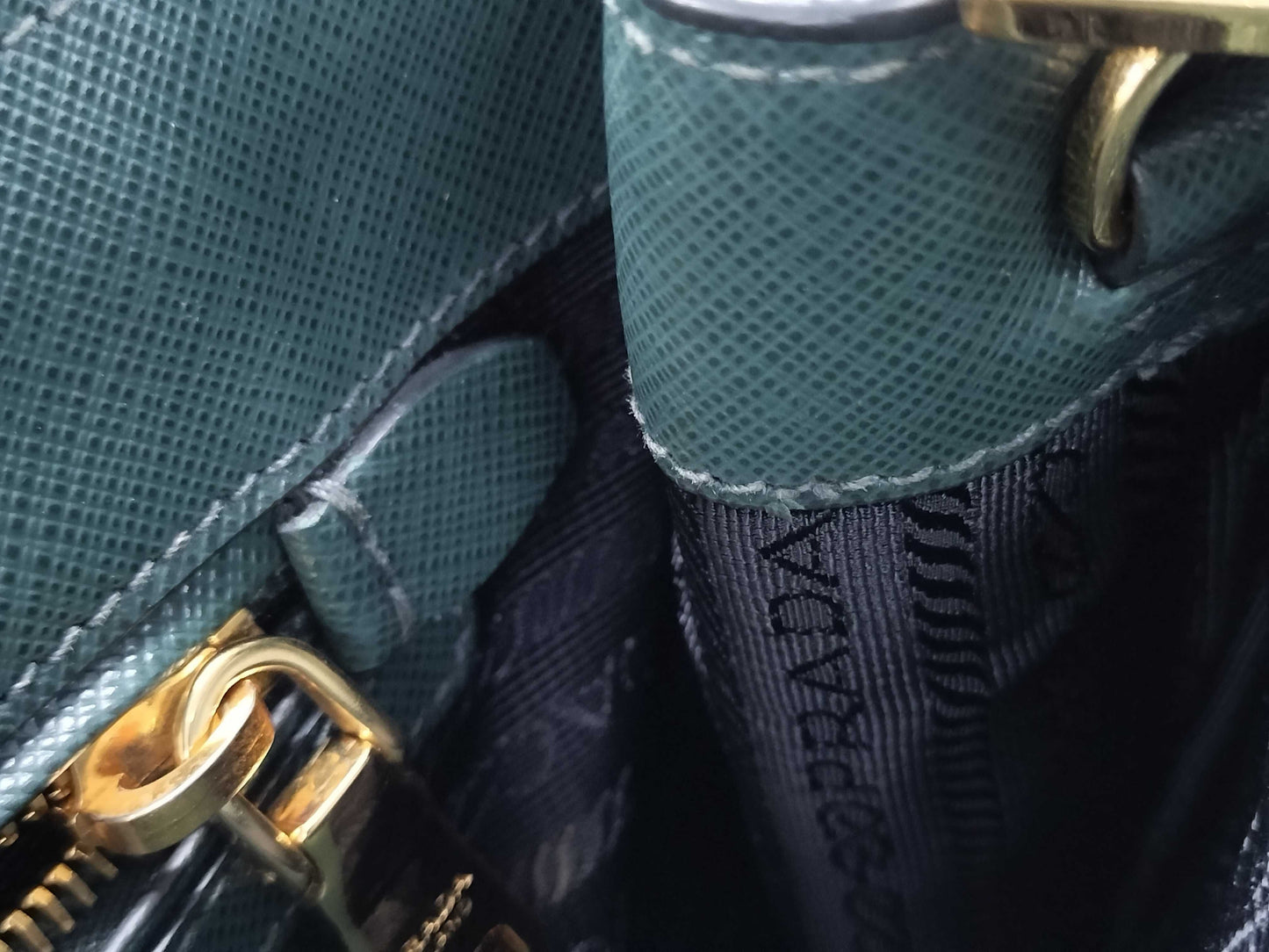 PRADA Saffiano Medium 2-Way Shoulder Tote Bag in Green with Gold Hardware and Crocheted Shoulder Strap