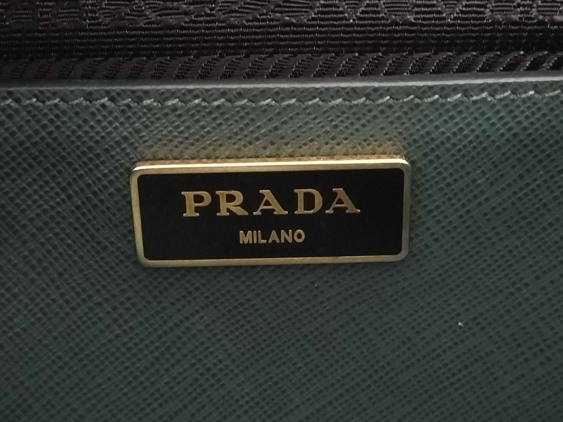 PRADA Saffiano Medium 2-Way Shoulder Tote Bag in Green with Gold Hardware and Crocheted Shoulder Strap