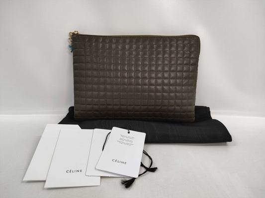 CELINE Khaki Calf Leather Clutch Bag with Dust Bag