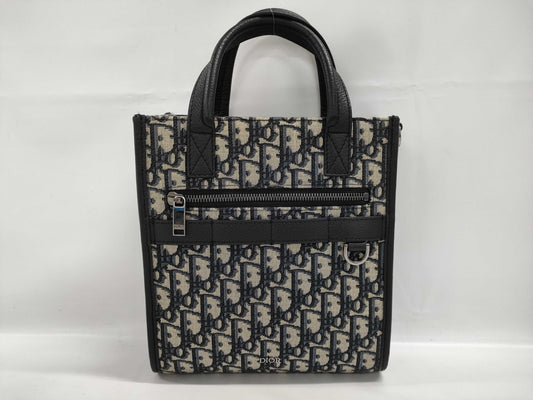 Dior North South Tote Bag, Oblique, Navy, Canvas and Leather, Shoulder Strap Missing, Handbag
