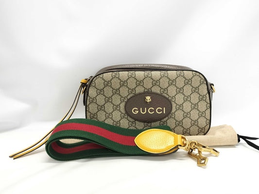GUCCI Neo Vintage GG Supreme Messenger Shoulder Bag in Beige and Brown with Gold Hardware, Coated Canvas and Calfskin Leather, Item Number 476466 622011, Storage Box, Shoulder Bag