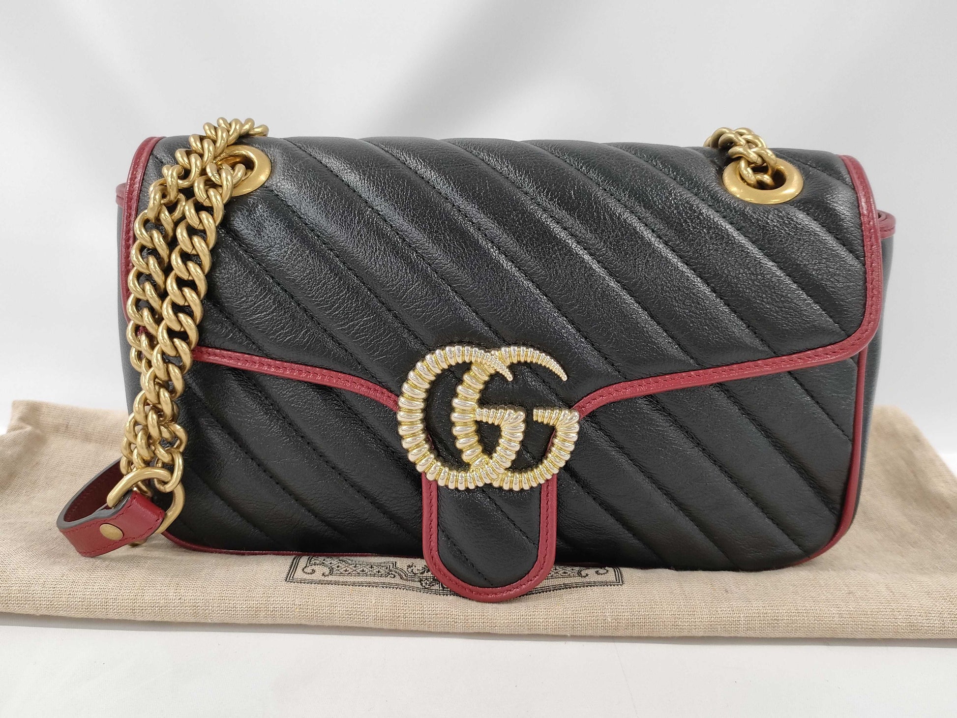 GUCCI GG Marmont Quilted Small Shoulder Bag in Black, Red, and Gold Hardware with Leather, 443497, Dust Bag, Shoulder Bag