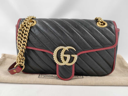 GUCCI GG Marmont Quilted Small Shoulder Bag in Black, Red, and Gold Hardware with Leather, 443497, Dust Bag, Shoulder Bag
