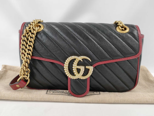 GUCCI GG Marmont Quilted Small Shoulder Bag in Black, Red, and Gold Hardware with Leather, 443497, Dust Bag, Shoulder Bag